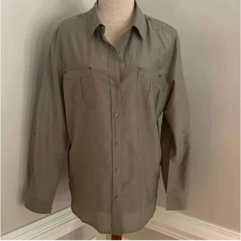 Chico's Button-down Long Sleeve Silk Blend Olive Colored Shirt